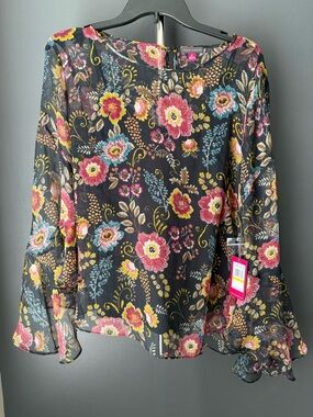 Vince Camuto Black Floral Sheer Long-Sleeve Blouse